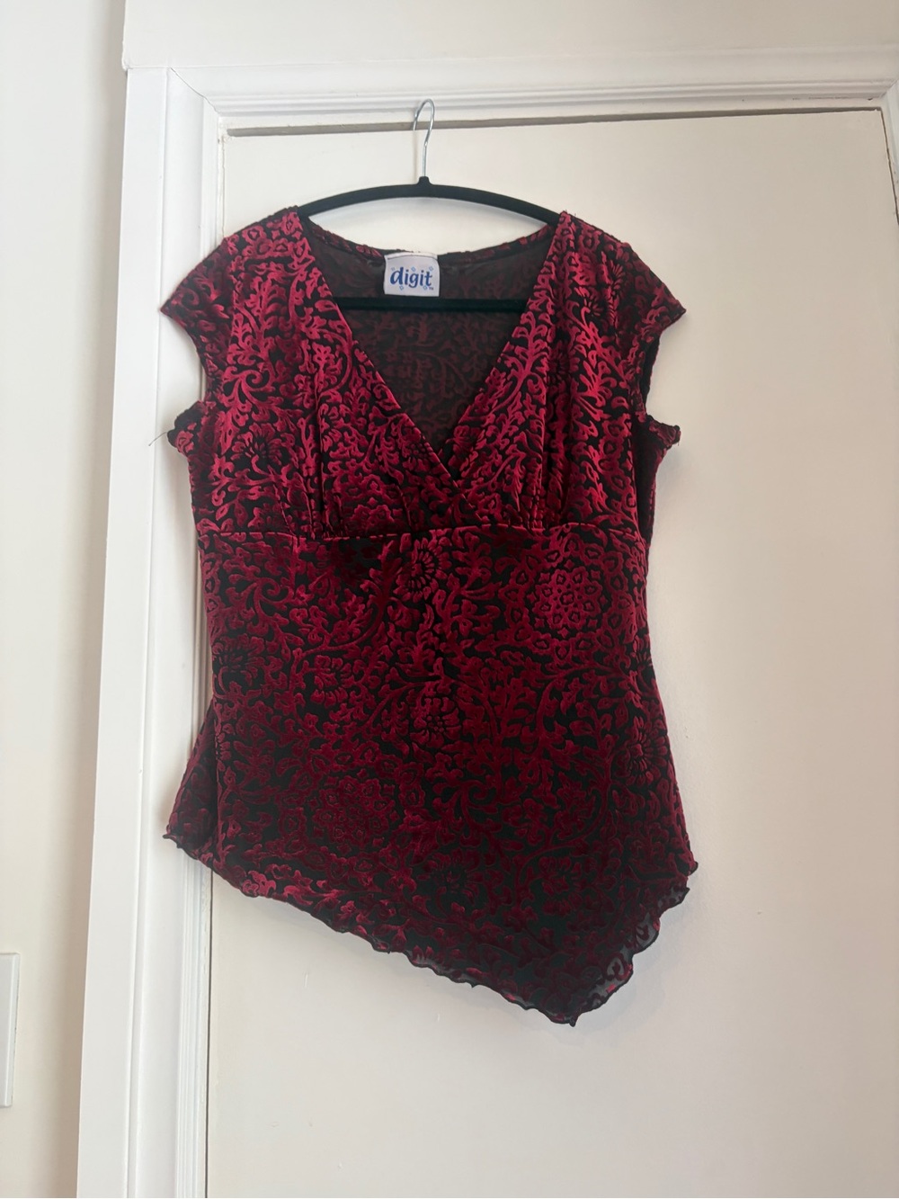 Digit Red Velvet Cap-Sleeve V-Neck Top